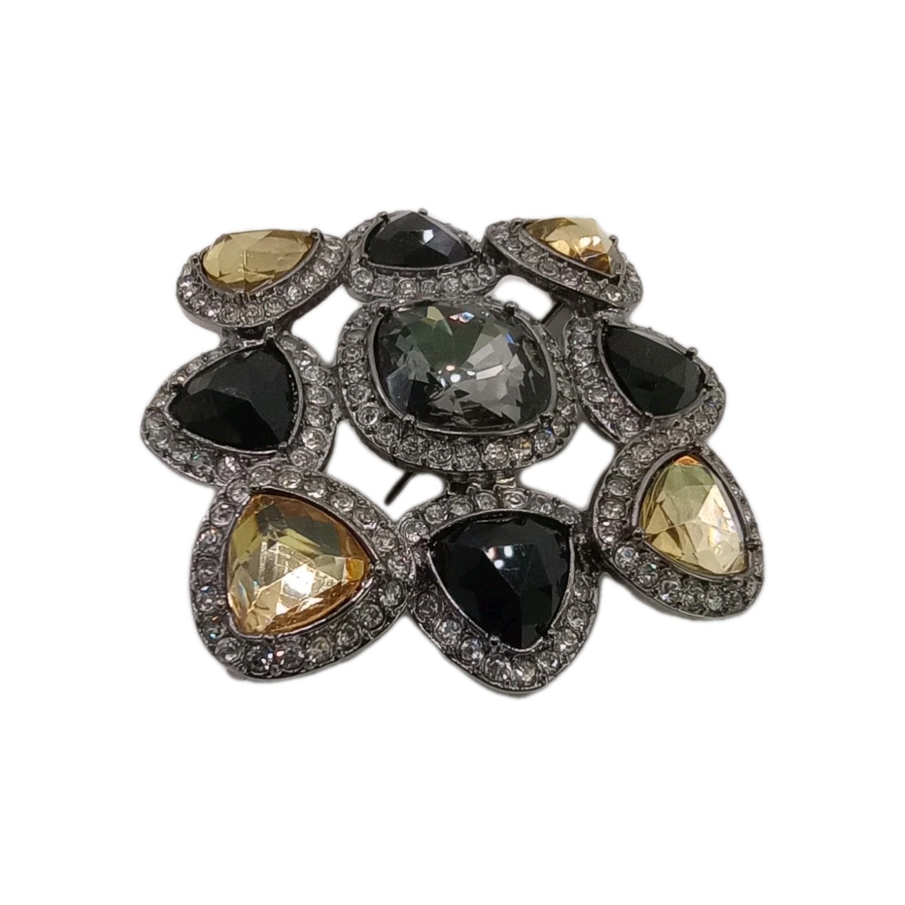 Vintage Style Premiere Design Brooch Black Topaz Glass Art Deco Pin 2 1/2 in D