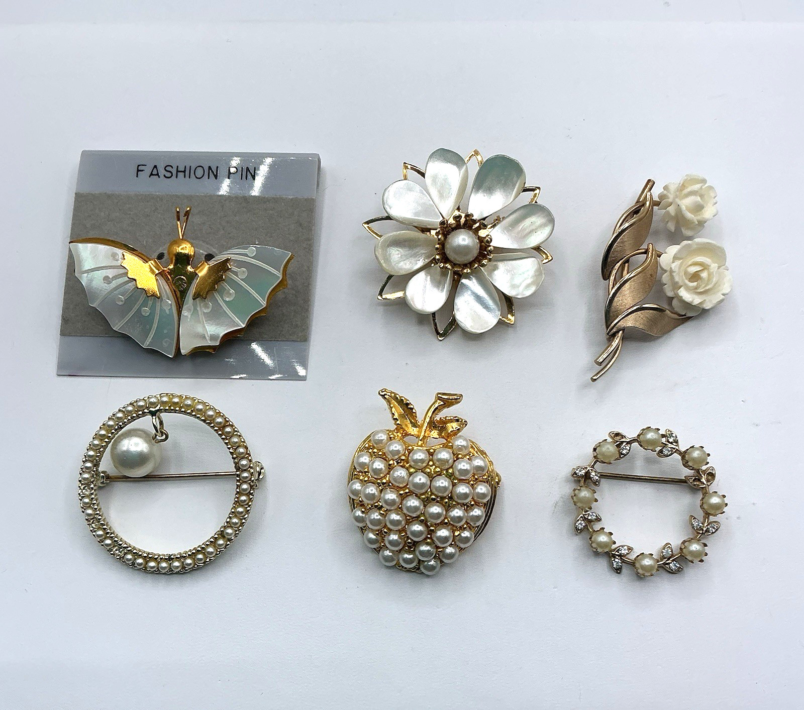 Lot of 6 Gold Tone Faux Pearl MOP Brooch Pins VanDell And Unbranded Apple Flower