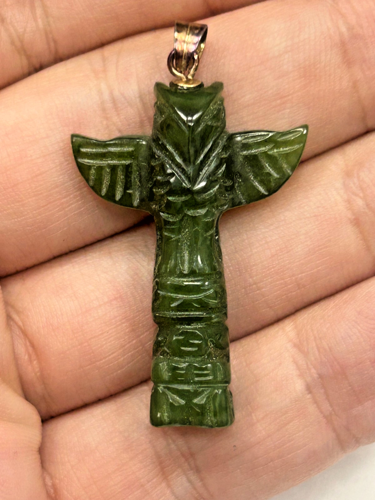 Vintage Hand Carved Jade Totem Pole Pendant Sterling Silver Bail
