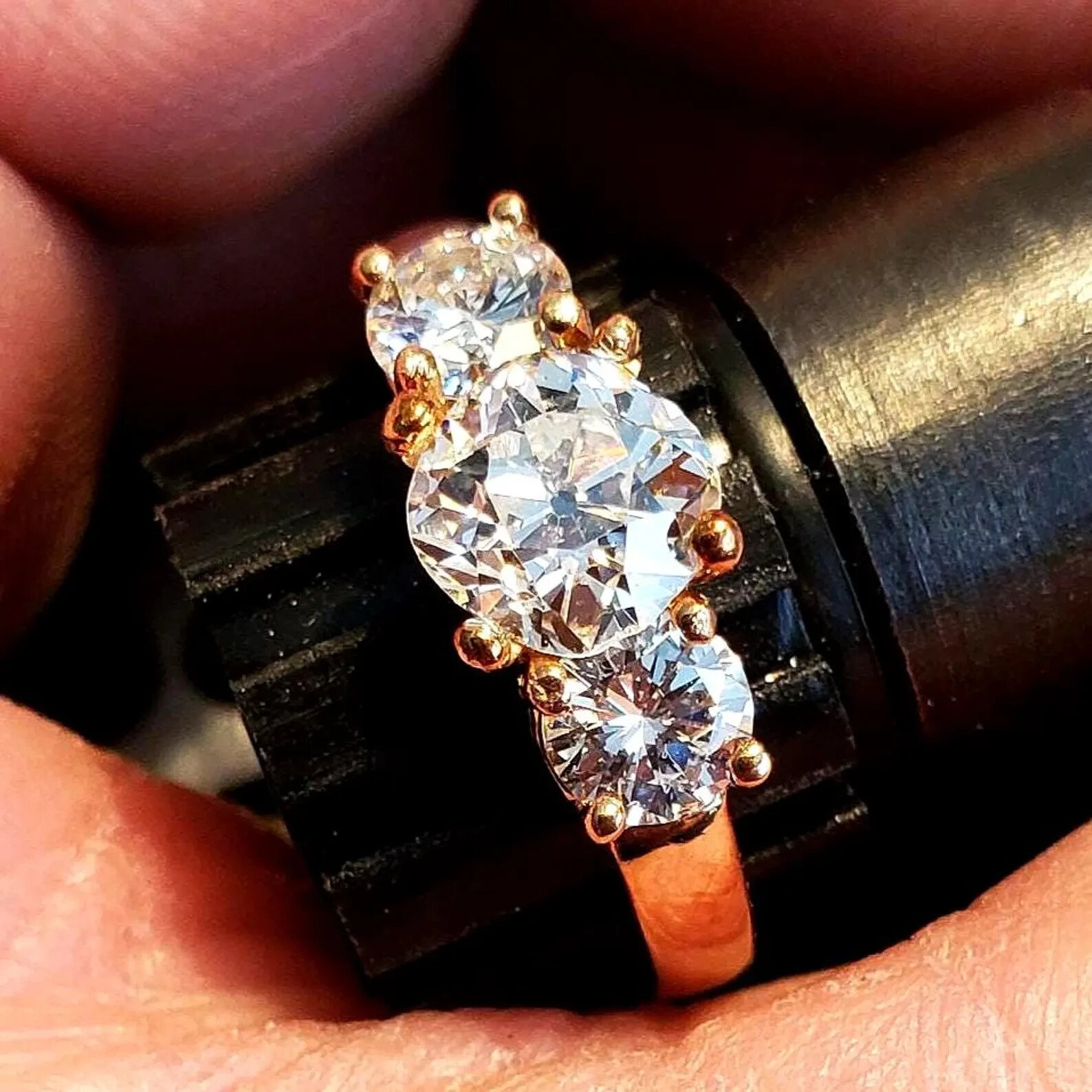 Original EARTH MINED DIAMOND Cushion cut Deco Engagement Ring 3 Stone 14K GOLD