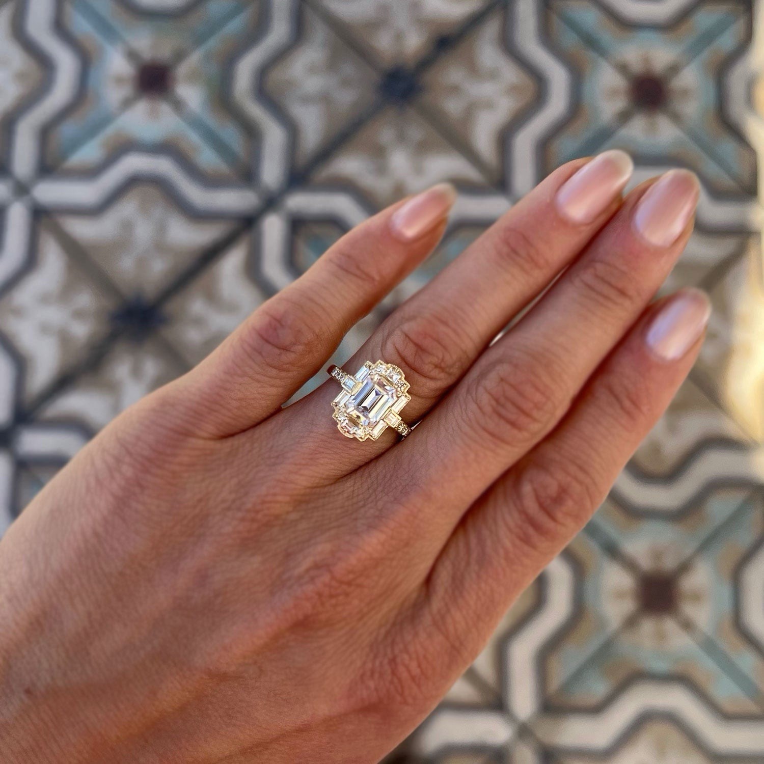 Deco Forever One DEF 1.50 Ct Emerald Cut Moissanite Wedding Mosaic Ring