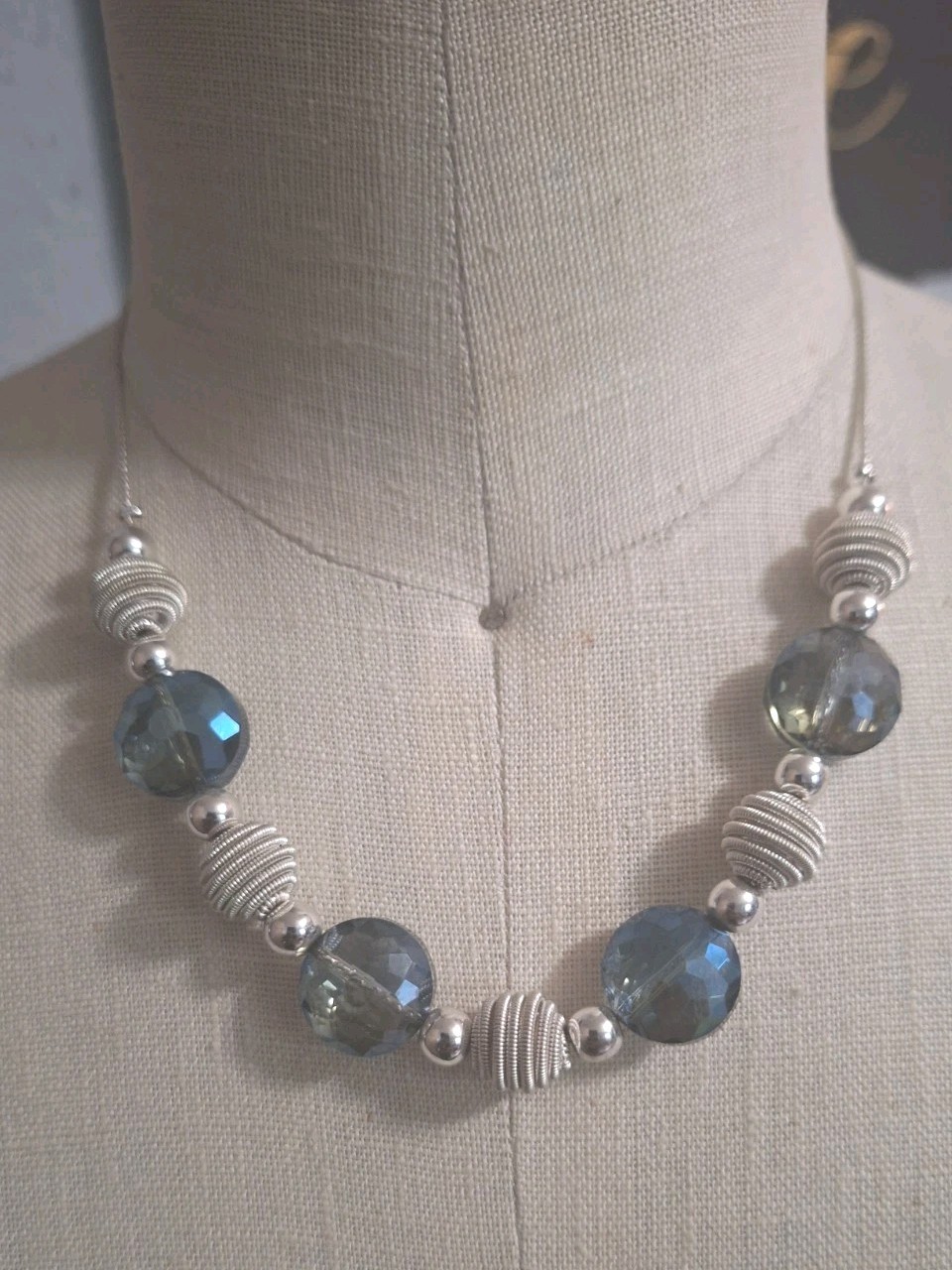 Vintage Crown Trifari Blue/Grey AB Faceted Glass And Metal Beaded Necklace