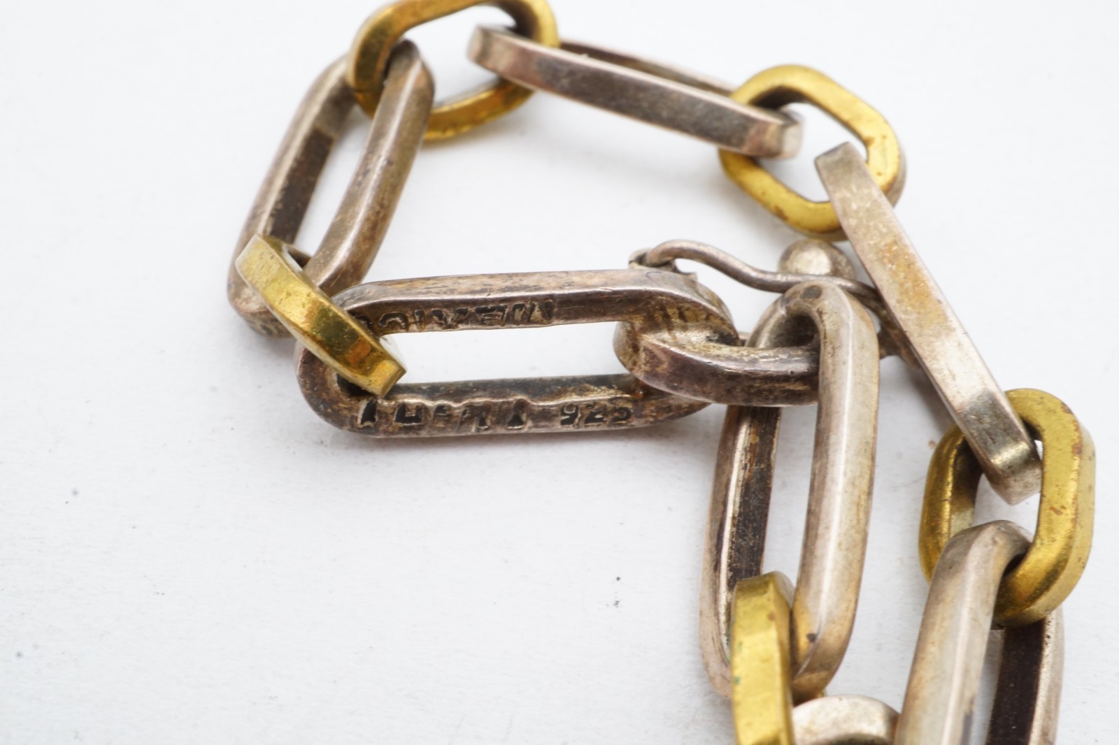 Vintage Taxco Mexico Sterling Silver 925 & Brass Oval Link Bracelet 7.75″