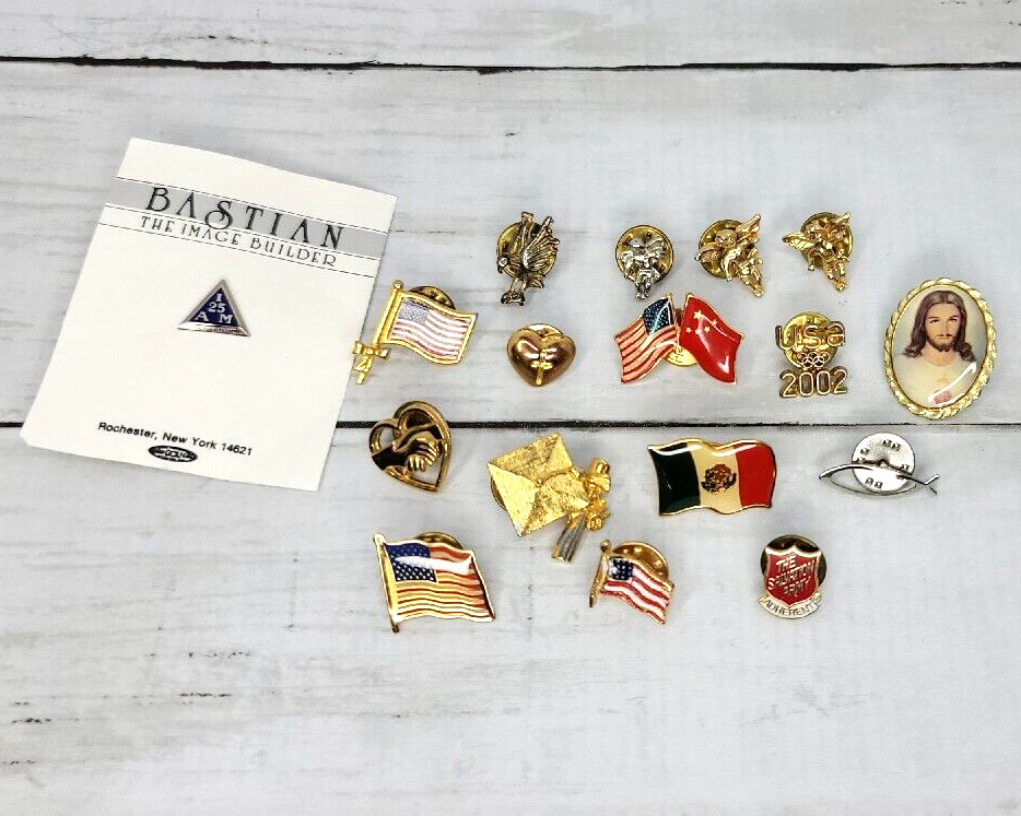 Vintage Lapel Pin Tie Tack Lot 17 Pieces American Flag Cherub Angel Graduation
