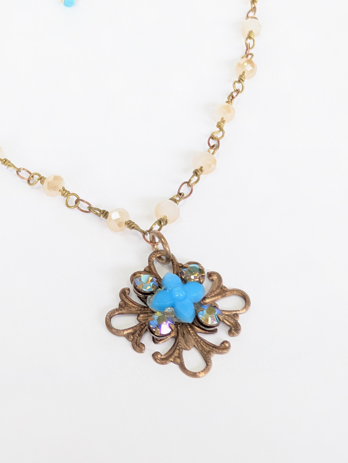 Vtg Bright Blue Opaque Glass Necklace Discontinued Swarovski Iridescent Chain 20