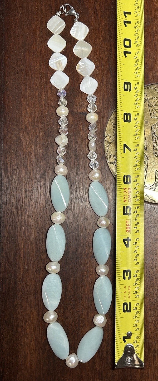 Carved Stone Fresh Water Pearls MOP Aurora Crystal Beaded Necklace