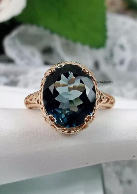 Edwardian Vintage 2.50Ct London Blue Topaz Solitaire Ring 14K Rose Gold Plated