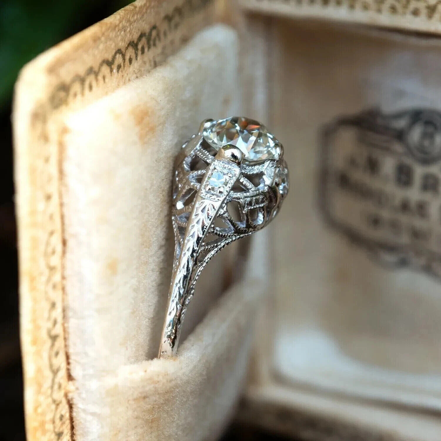Art Deco Vintage Style Round Lab Created Diamond Wedding Ring 14K White Gold FN