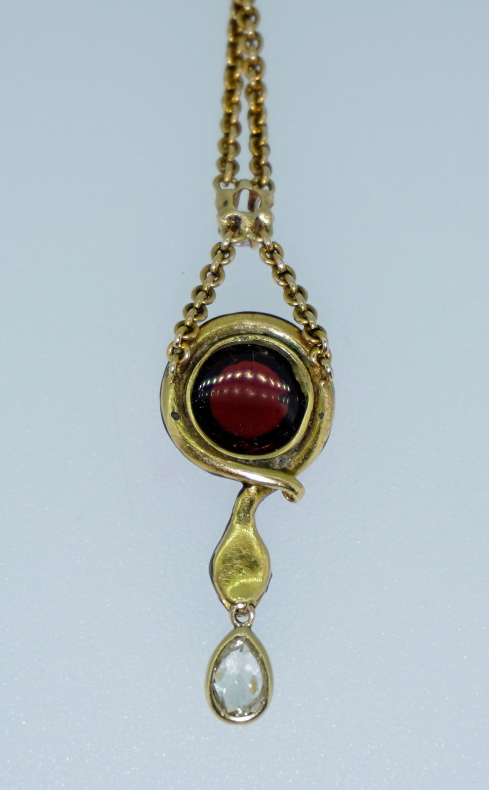 Antique 14K Enamel Snake With Diamonds & Garnet Necklace