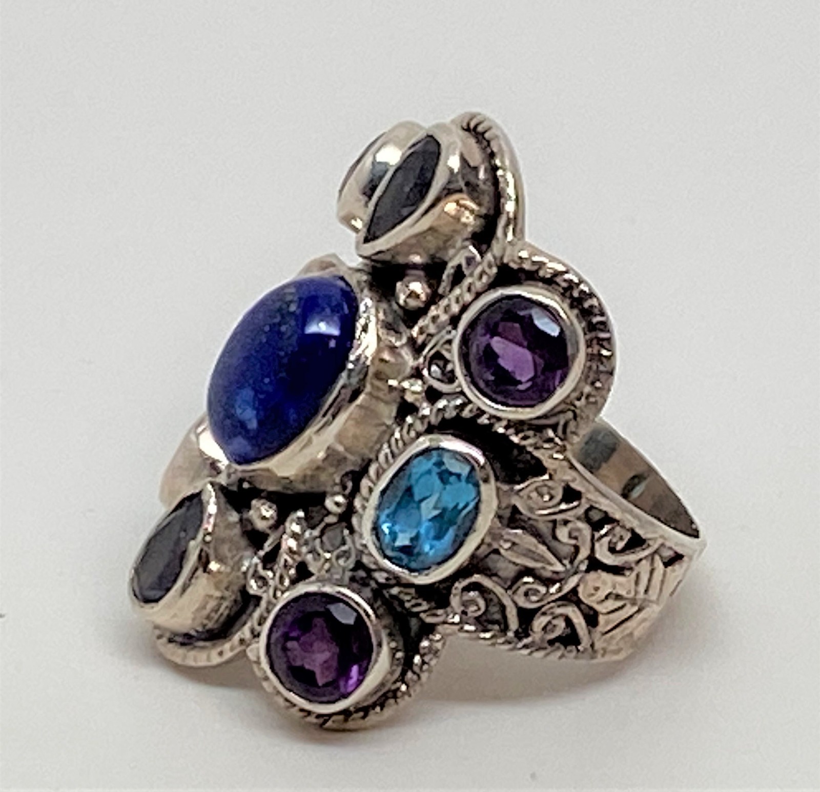 Sterling Silver .925 Lapis , Amethyst & Sapphire Cabochons Ring 8