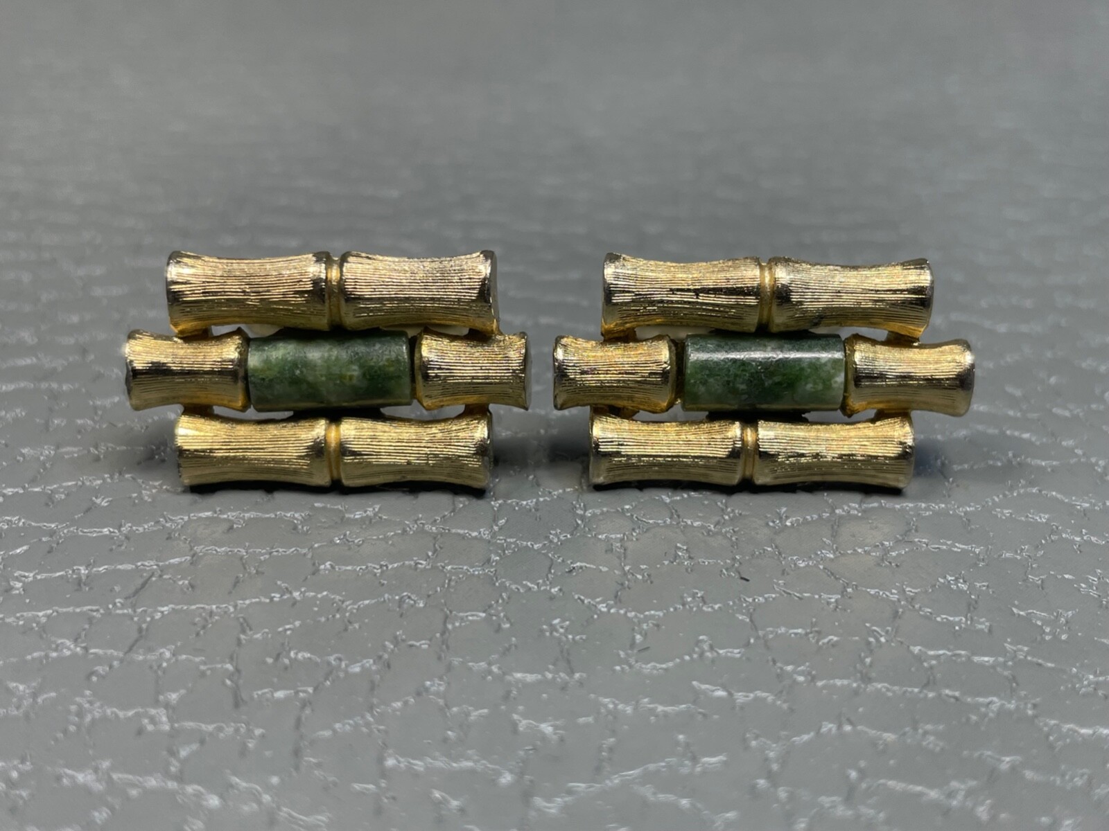 Vintage Jade Bamboo Yellow Gold Plated Cuff Links