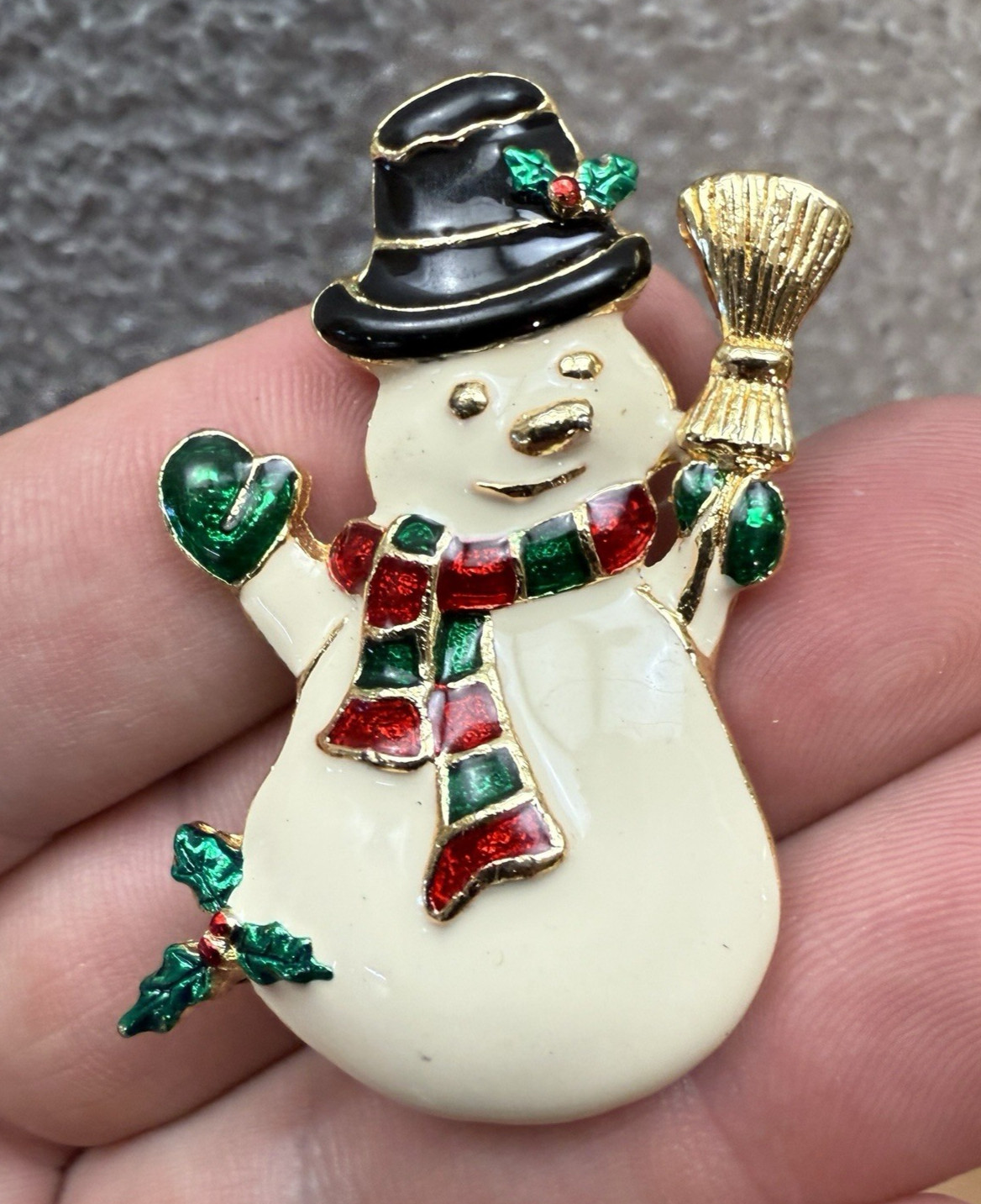 Vintage Snowman Brooch Pin Gold Tone Enameled Christmas Holiday Winter XMAS