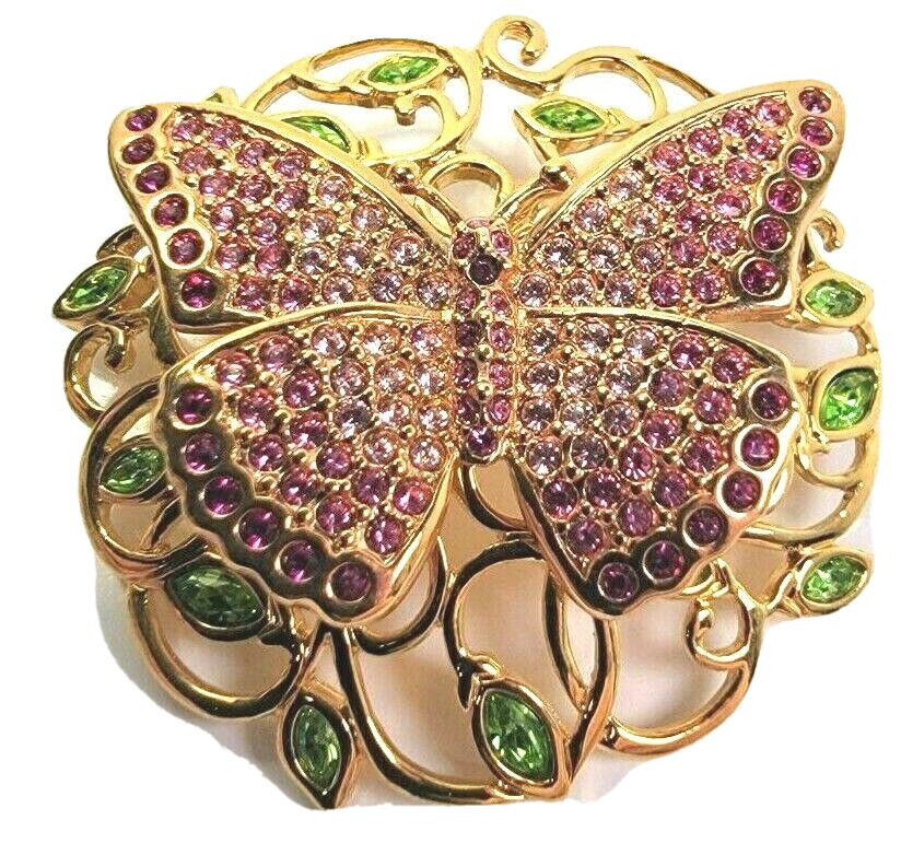 2002 Swarovski Swan Mark Signed Butterfly Brooch Pin Pink Green Rhinestones