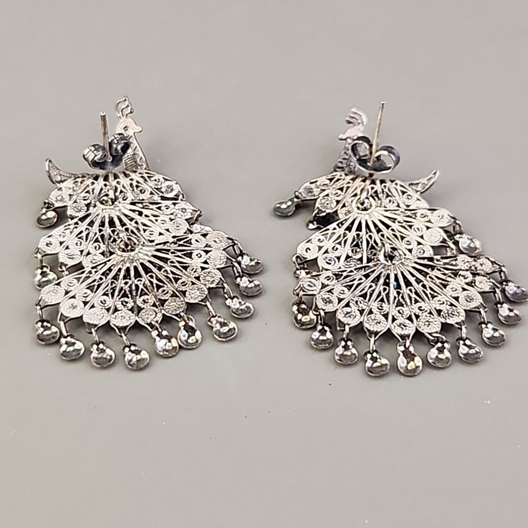 Vintage Sterling Silver Peacock Earrings Cannetille Filigree Articulated Dangles