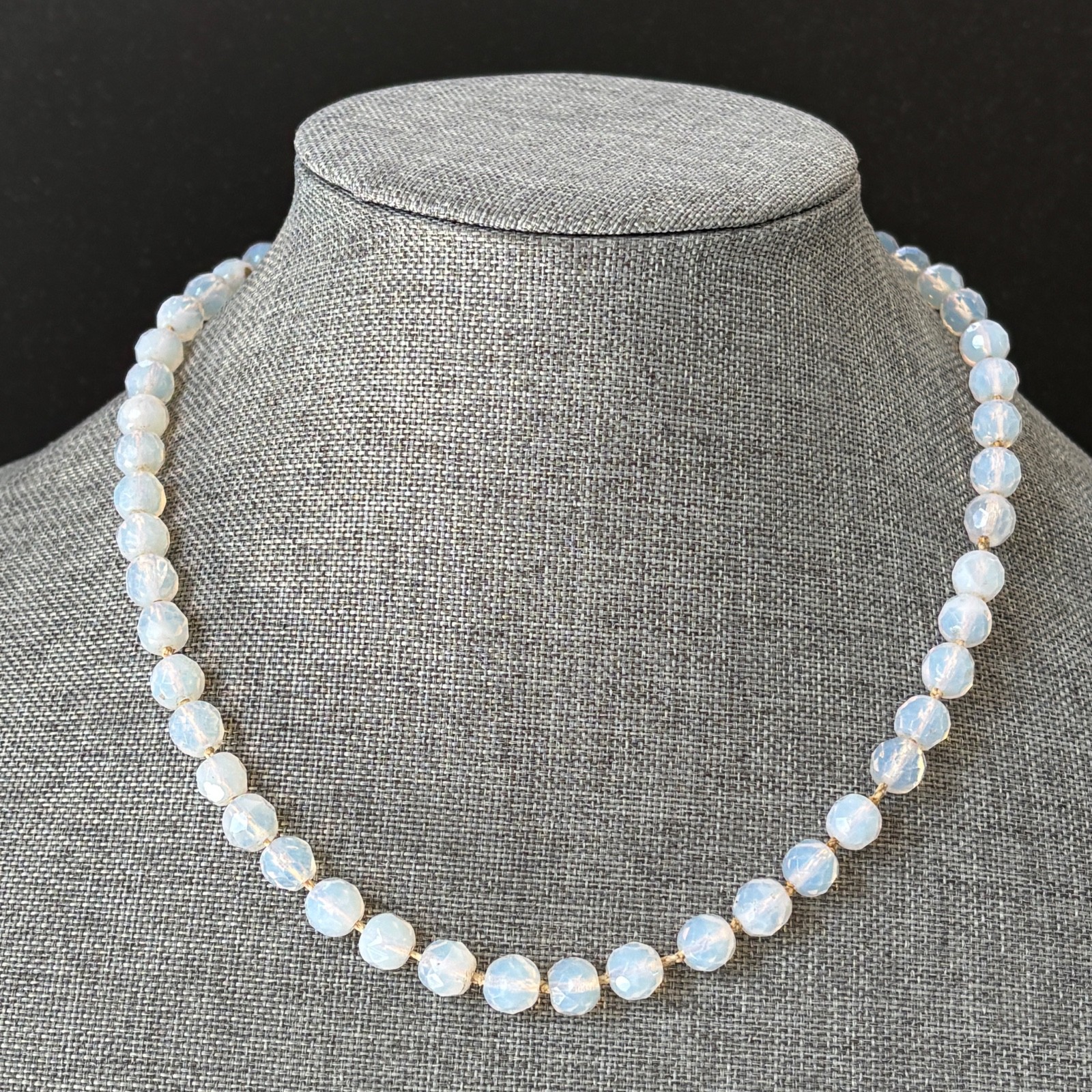 Vintage Opaline Opalite Beaded Necklace Faceted Art Glass Hand Knotted 18″