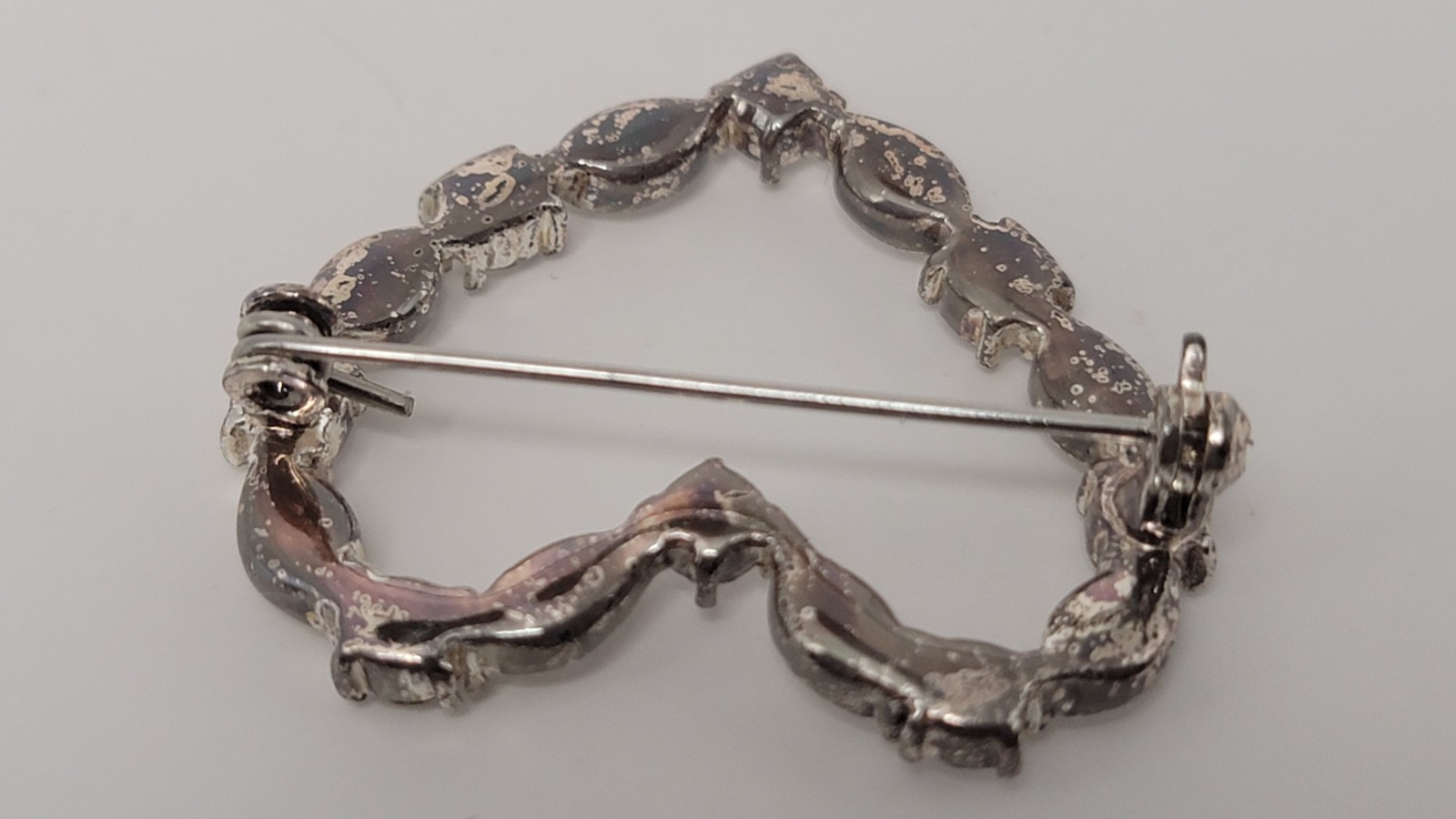 Navette & Round Rhinestones Heart Shaped Brooch Pin Silver Tone