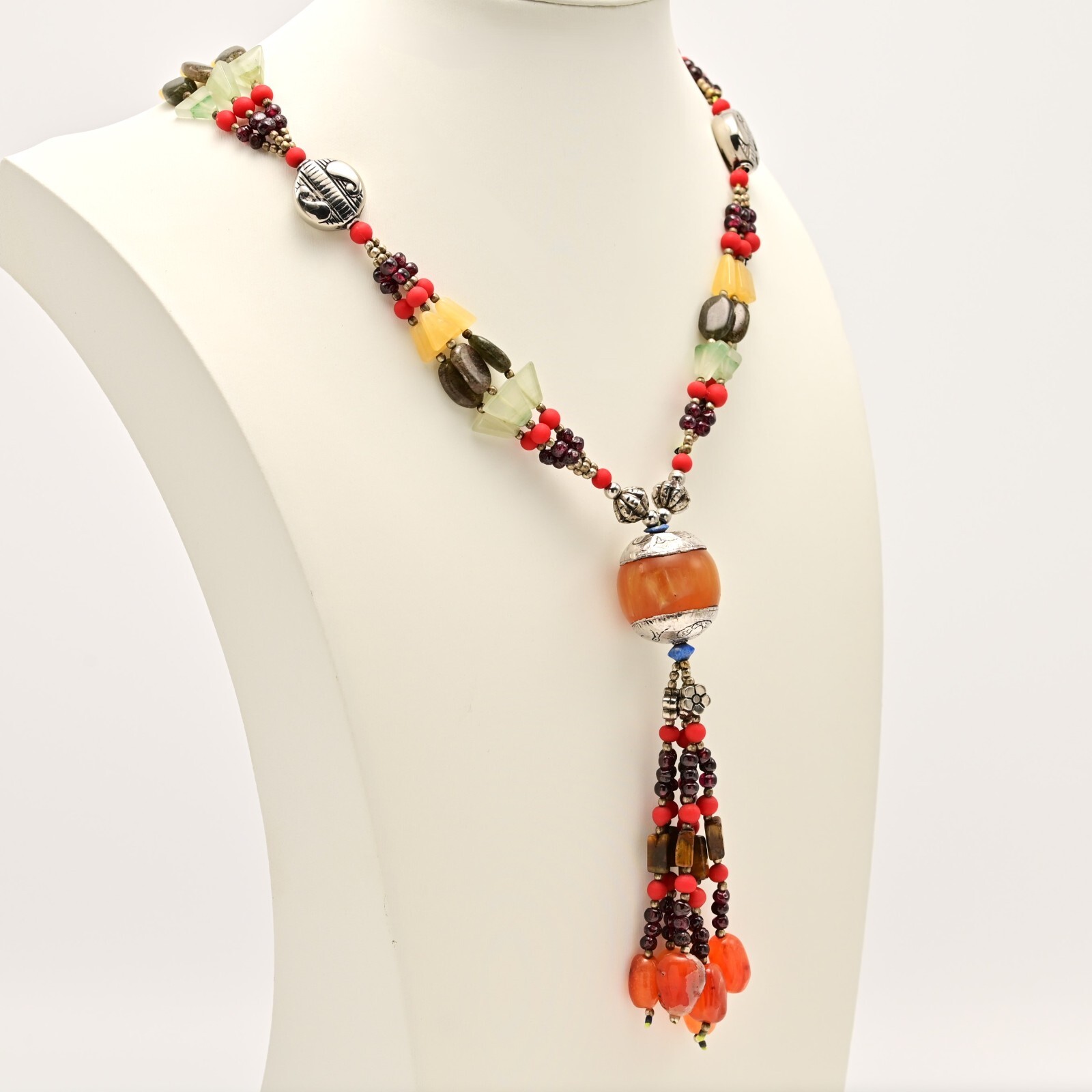 Vintage Original Sterling Silver Tribal Multi Gemstone Pendant Estate Necklace