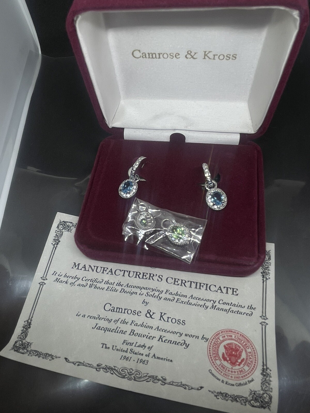 VTG JBK Jacqueline Bouvier Kennedy Reproduction Convertible Earrings w/Box & COA