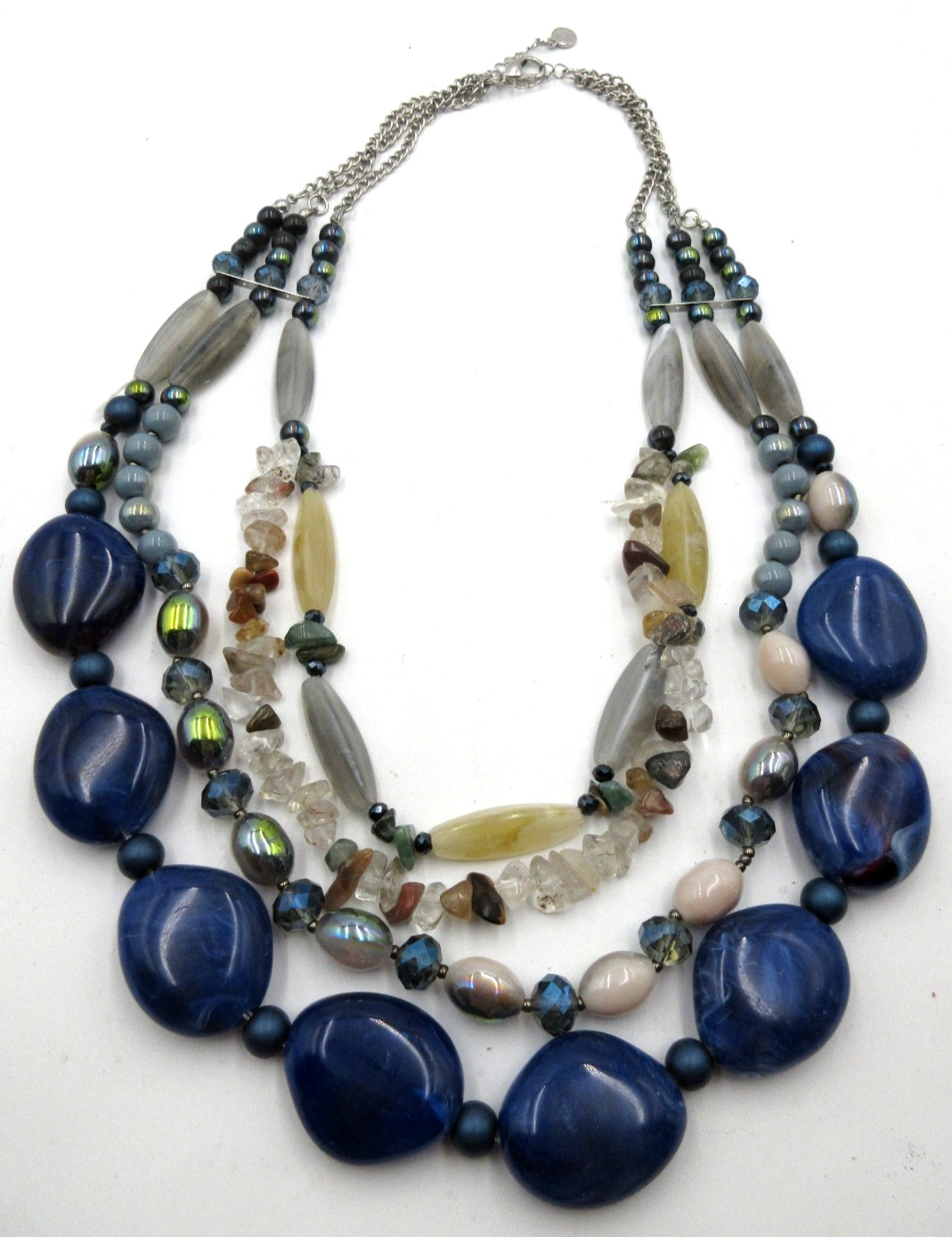 VTG MODERN 22″ SIGNED V UNUSUAL HEAVY blue Silver tone clear GEOMETRIC Necklace