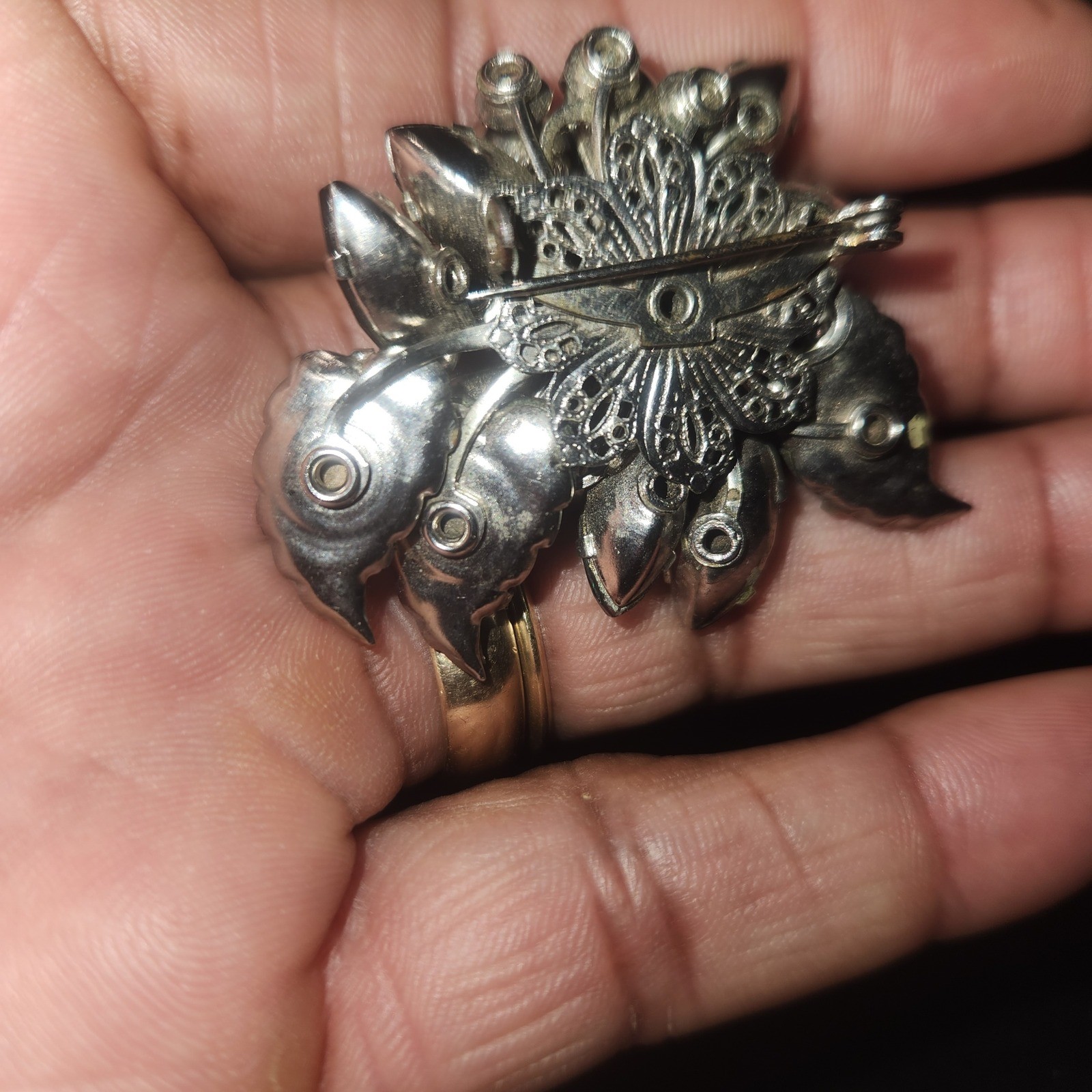 Vintage Rhinestone Flower Brooch Silver Tone Floral Pin smoky gray