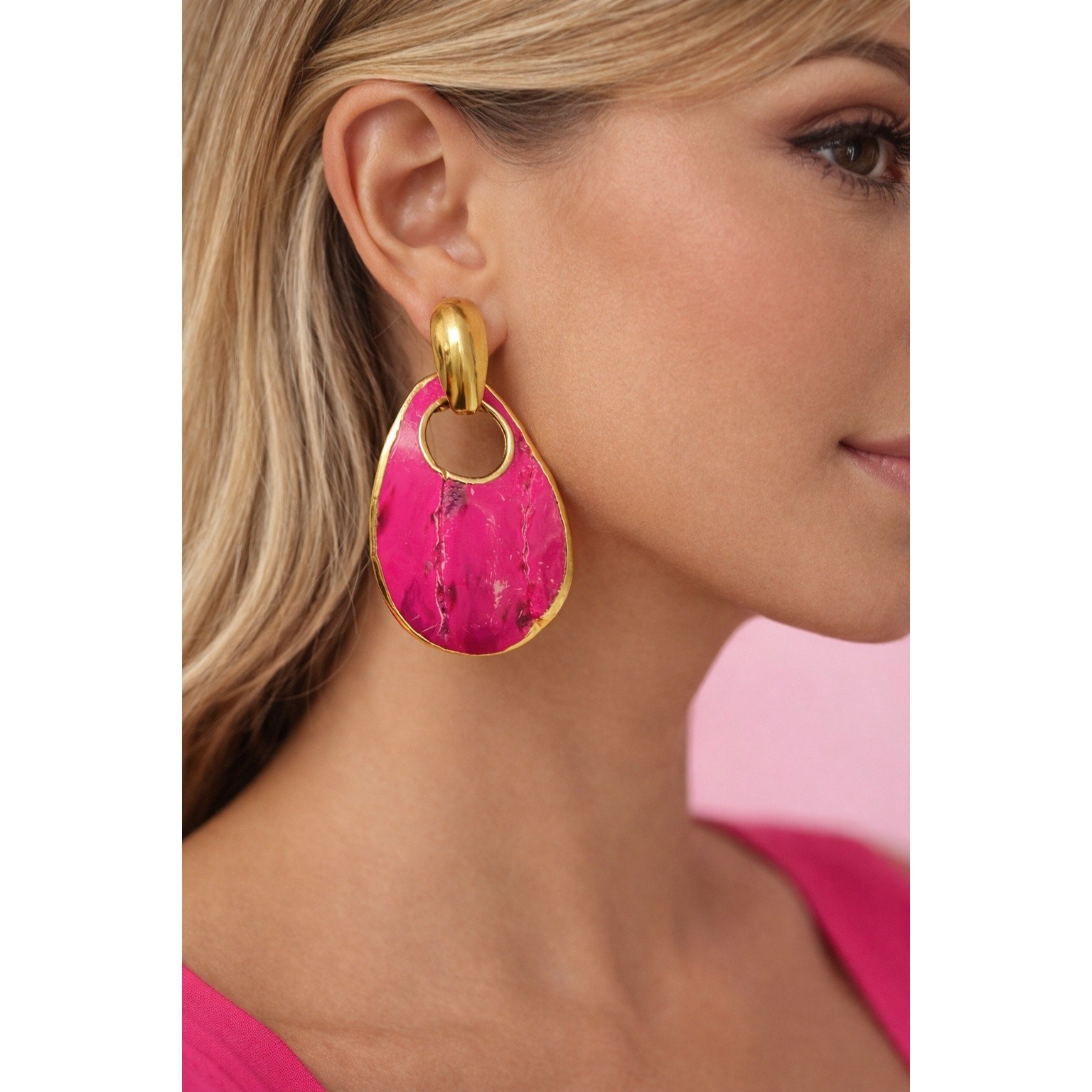 Vintage 80s Jeff Lieb Hot Pink Statement Earrings Gold Tone Y2K