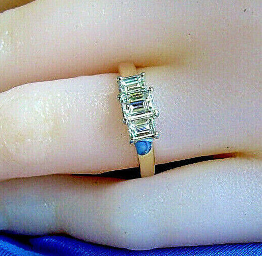 EARTH MINED DIAMOND Deco Engagement Ring 3 Stone Emerald cut Solitare 14K GOLD