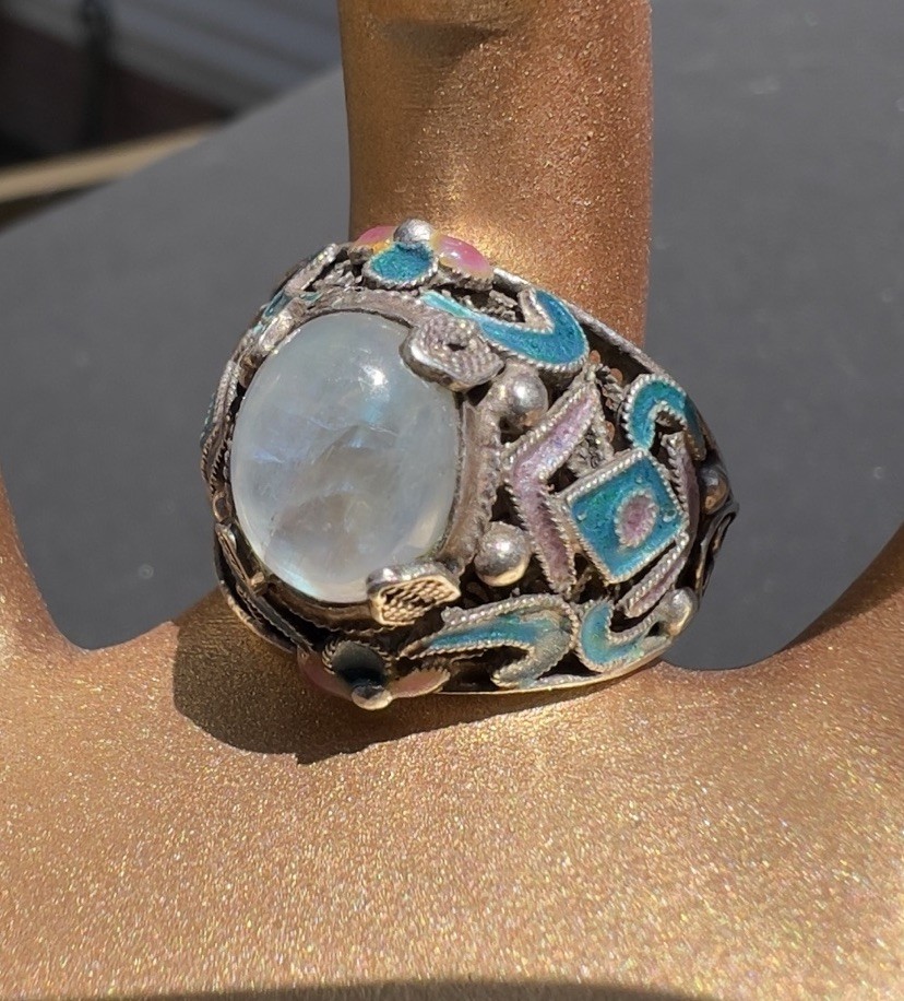 Vintage Chinese Export Sterling Silver Enamel Moonstone Ring Size 8 Marked S925