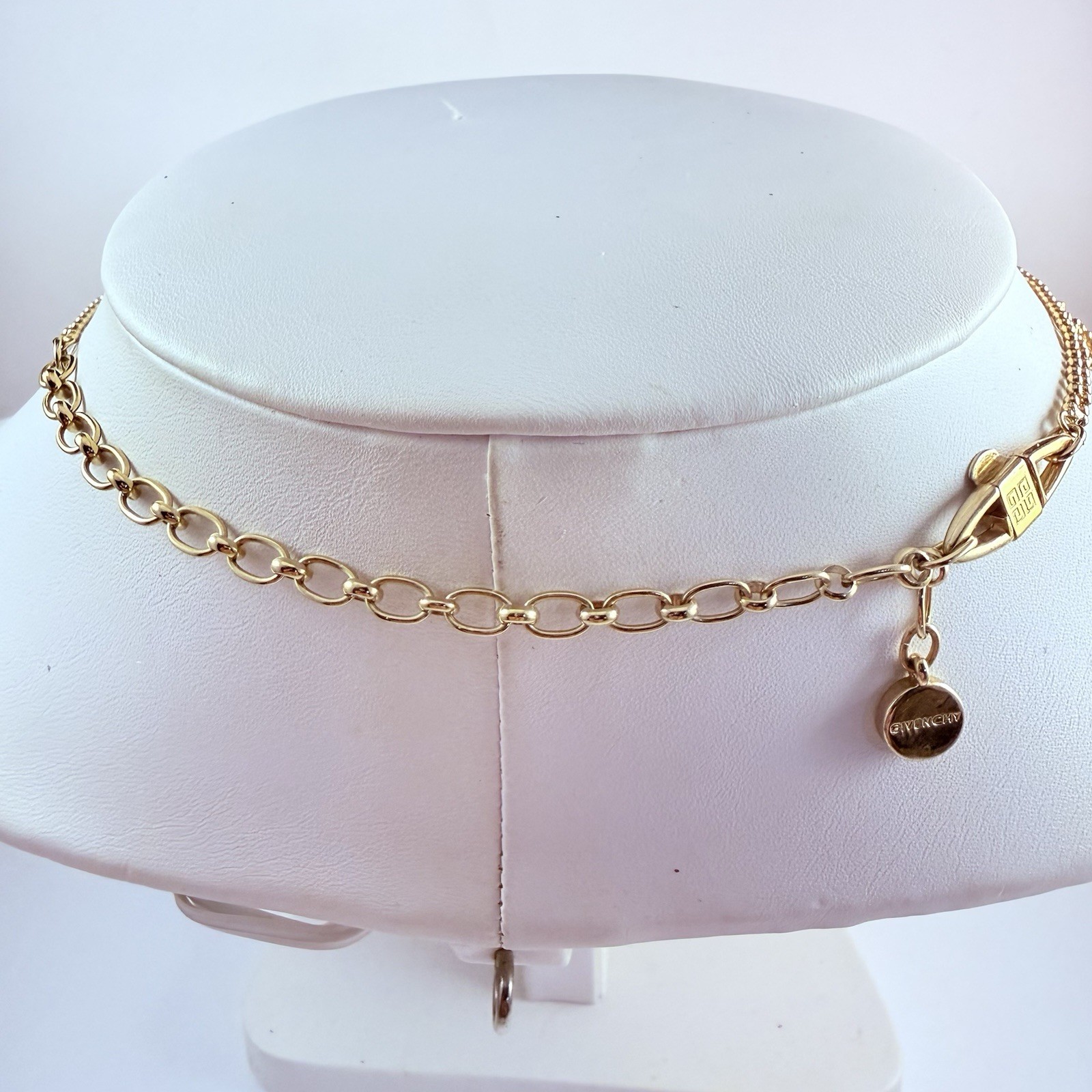 GIVENCHY Signed Gold Tone Lace Crystal Necklace Logo Clasp 16.5″