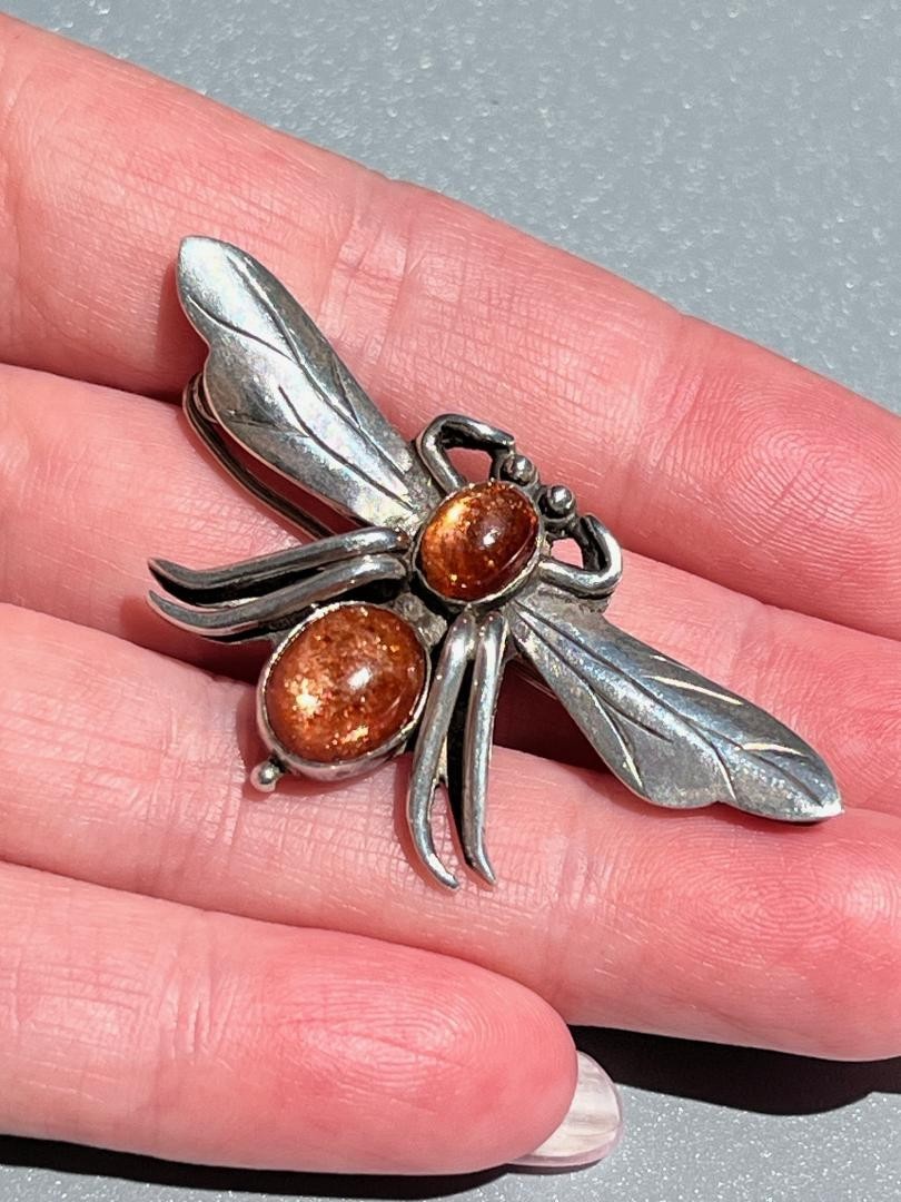 Vintage 925 Sterling Silver Orange Sunstone Fly Bug Insect Brooch Pin Figural 3D