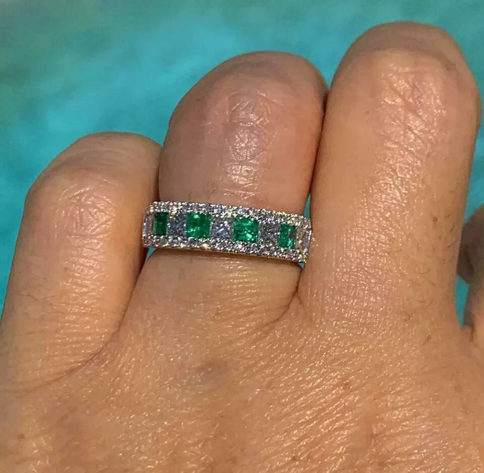 3Ct Art Deco style Lab Created Diamond Emerald Engagement 14K White Gold FN Ring