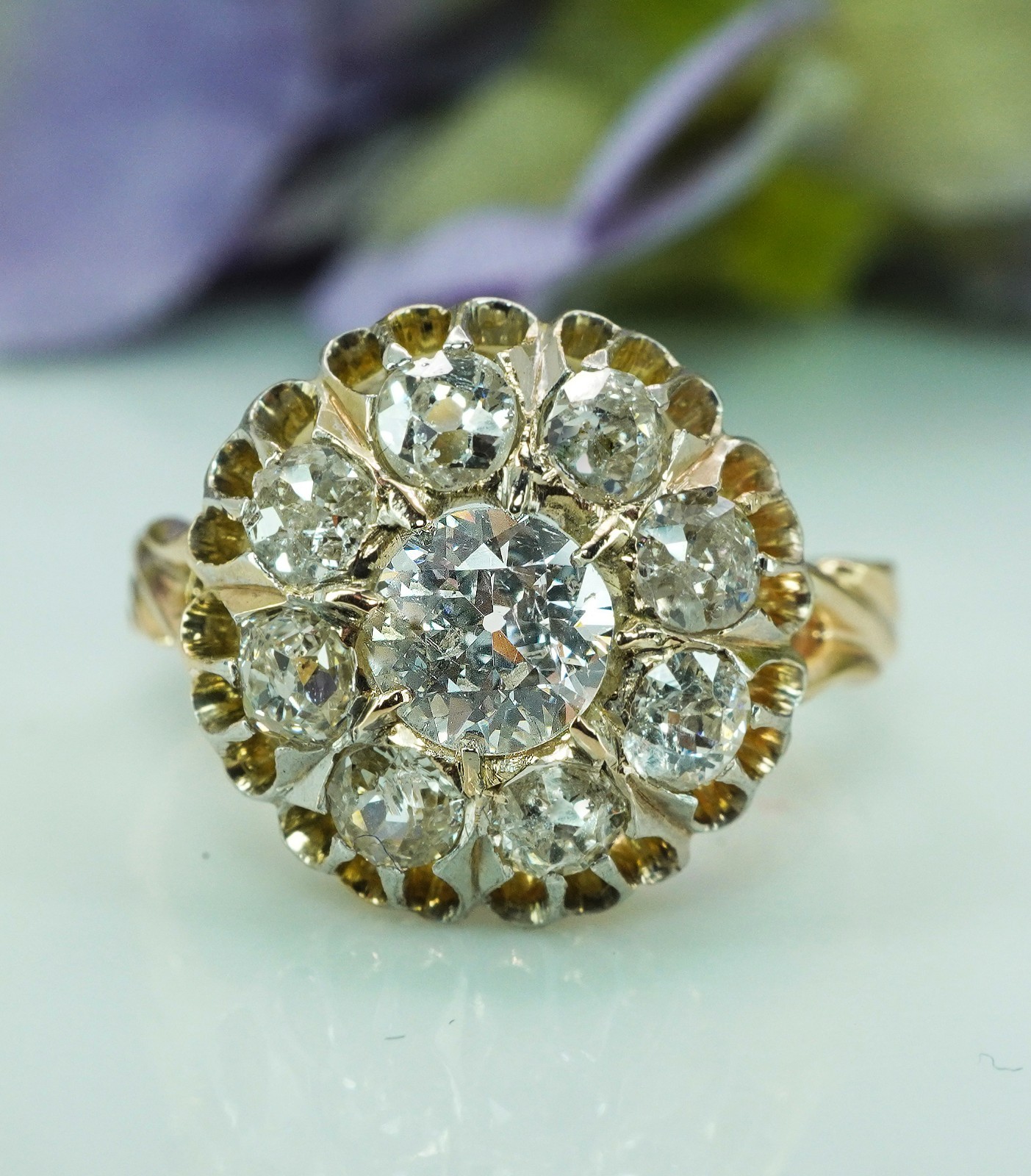 Antique Victorian Old European Mine cut Diamond Filigree Halo Ring 14K Gold