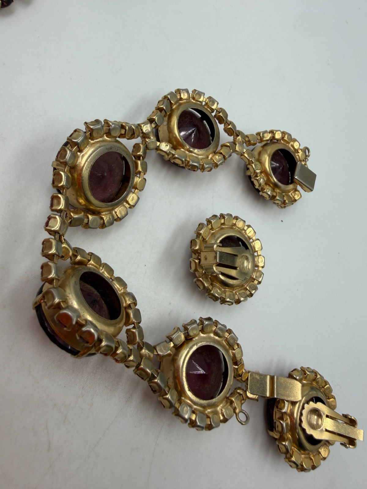 Vintage Necklace Purple Round Stoplight Clip Earrings Bracelet Set PJ