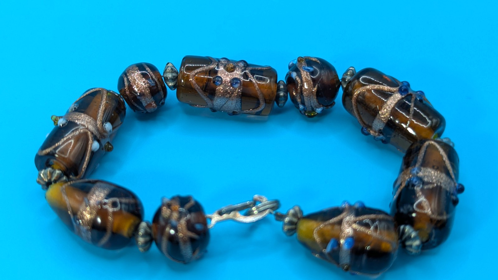 Vintage Murano Lamp Work Glass Beads Amber Brown Bracelet