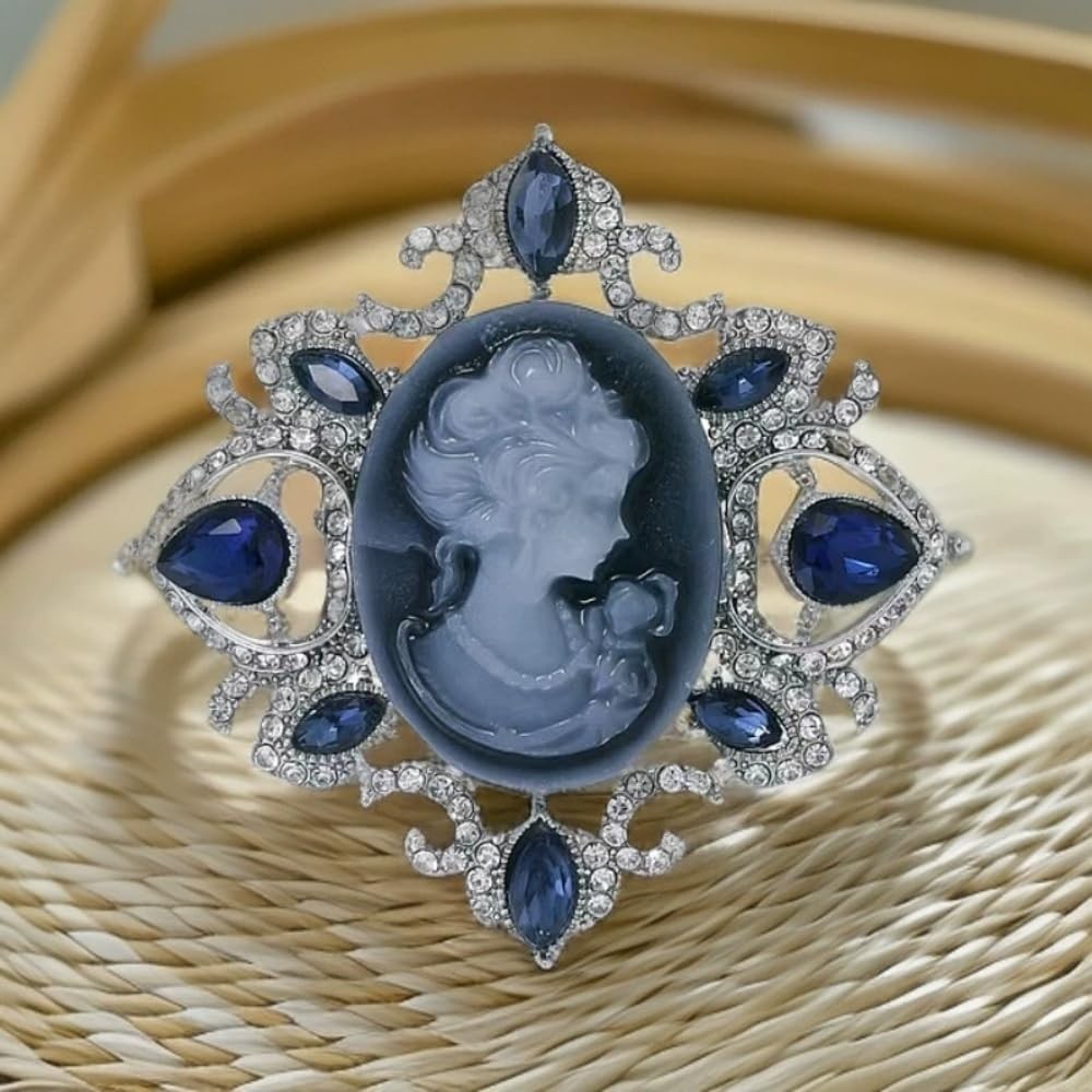 Vintage Cameo Lady Rhinestone Brooch Pin for Women Girls Antique Medium, Blue