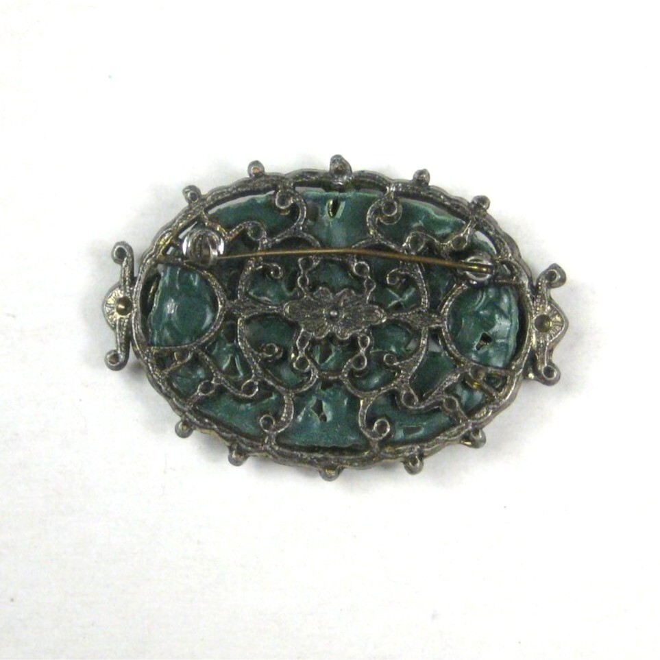 Victorian Repousse Enamel Metal Brooch Pin Silvetone Vintage Estate Leaf