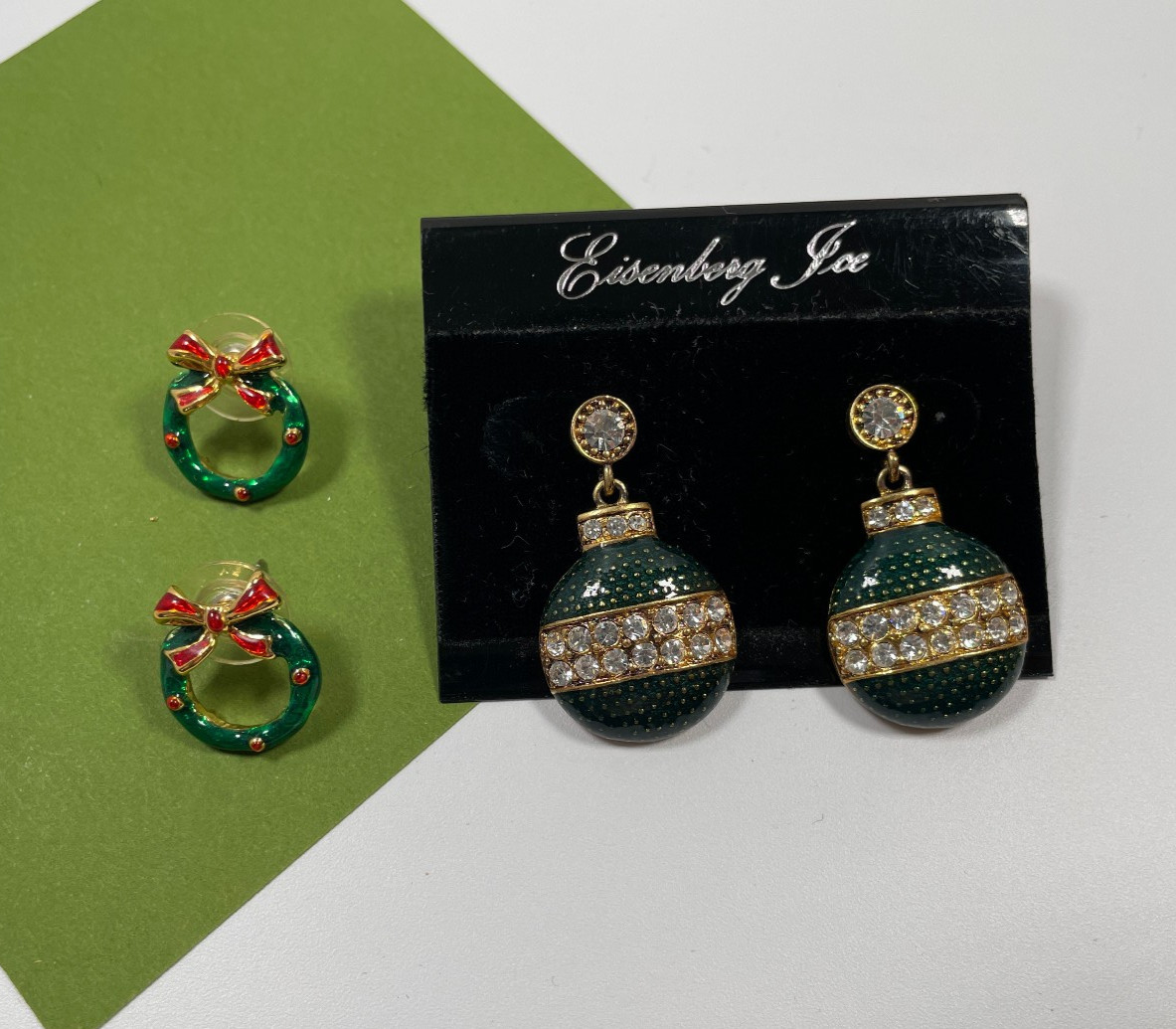 Vintage Signed Eisenberg Ice Green Enamel Christmas Ornament Dangle Earrings