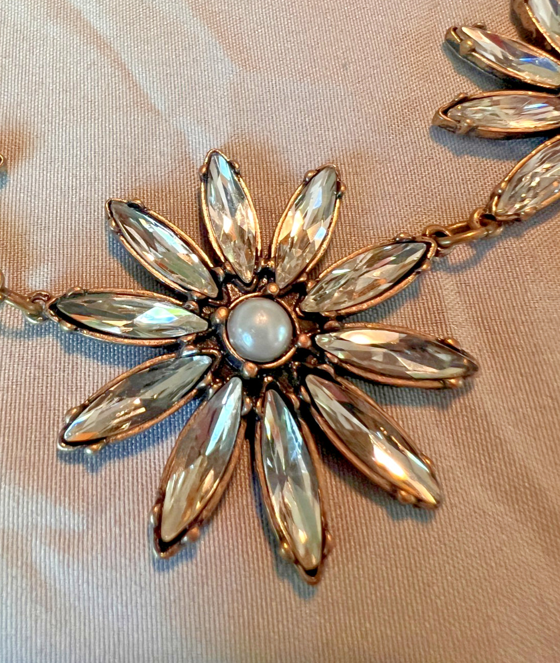 Vintage Floral Pearl & Crystal Statement Necklace Gold/Brass Tone Adjustable