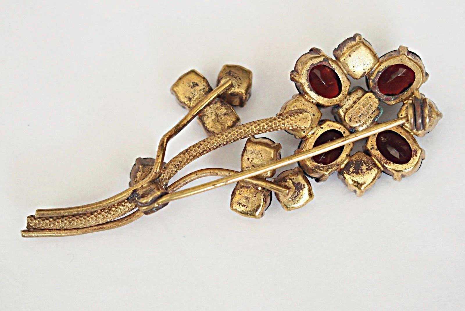 Czech Bohemian Vintage Garnet Flower Pin Brooch Signed