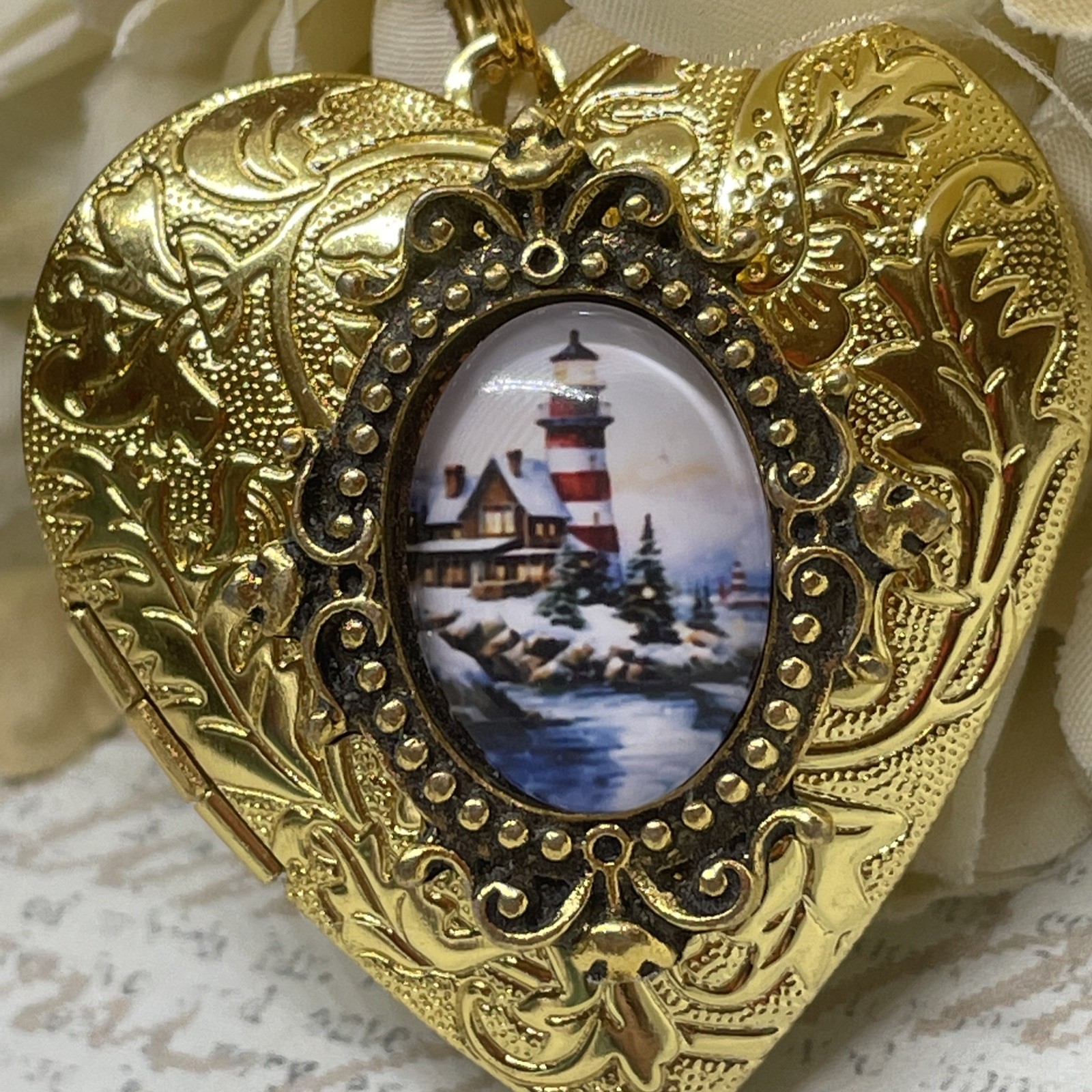 Gold Heart Locket Photo Lighthouse Cottage Sailor Birthday Anniversary Necklace