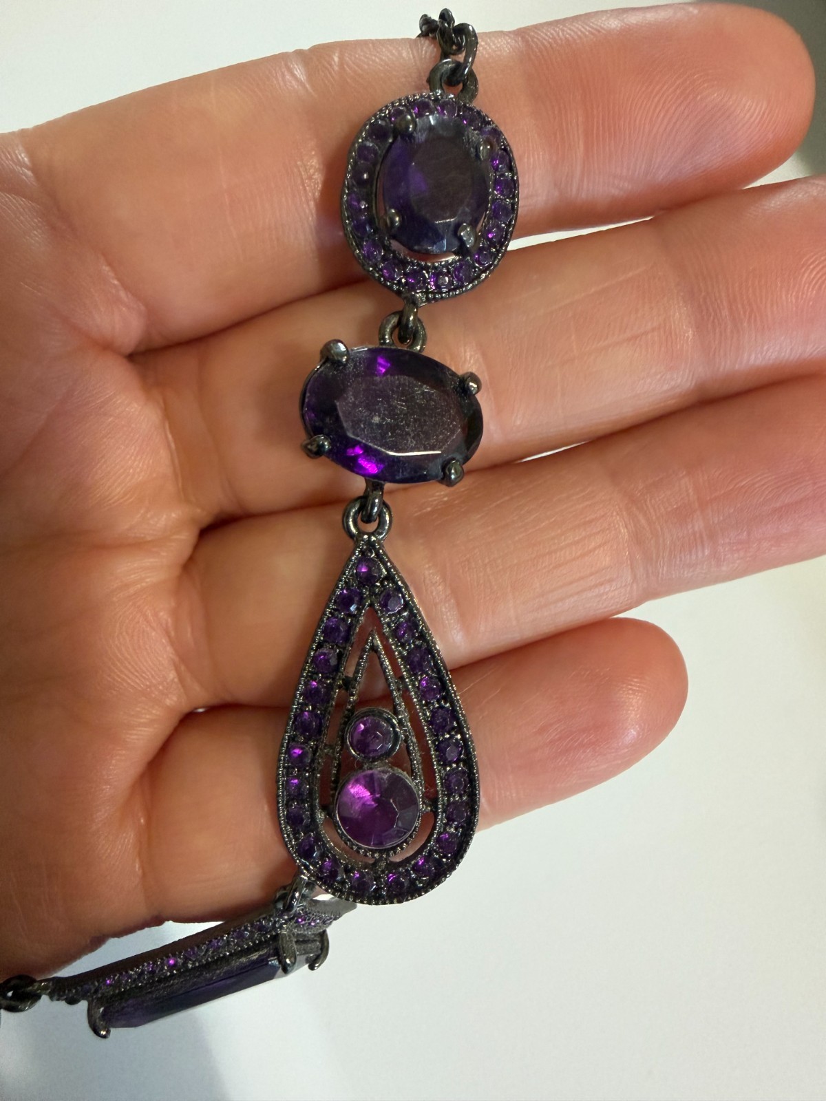 Vintage Purple Acrylic Victorian Style Necklace Gothic Retro Witchy Gunmetal