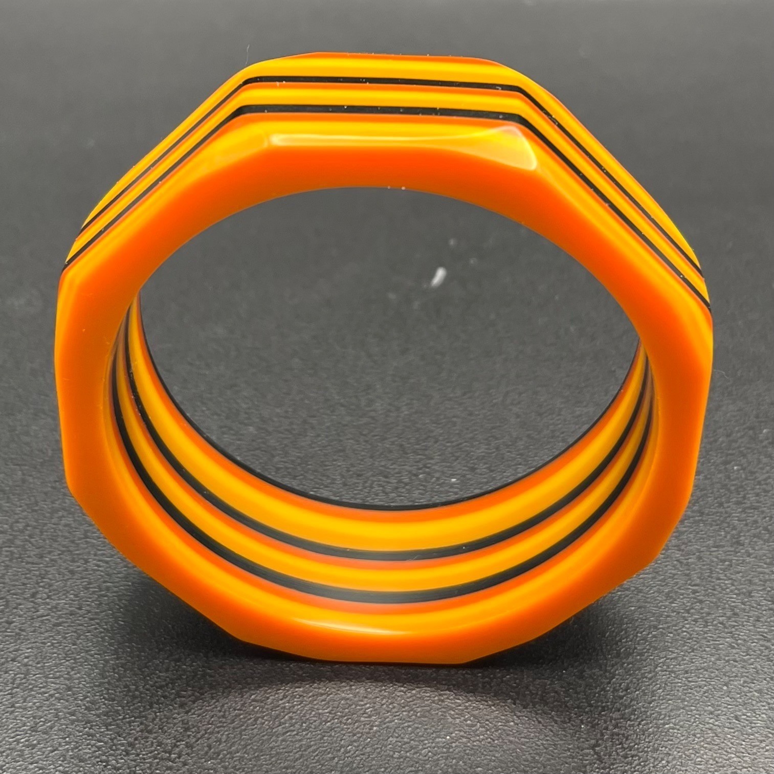 Vintage Laminated Lucite Octagonal Bangle Bracelet Orange Yellow Black Wide