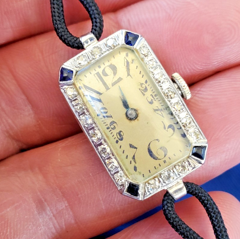 Original EARTH MINED DIAMOND Deco Sapphire Watch Antique PLATINUM Statement 1920