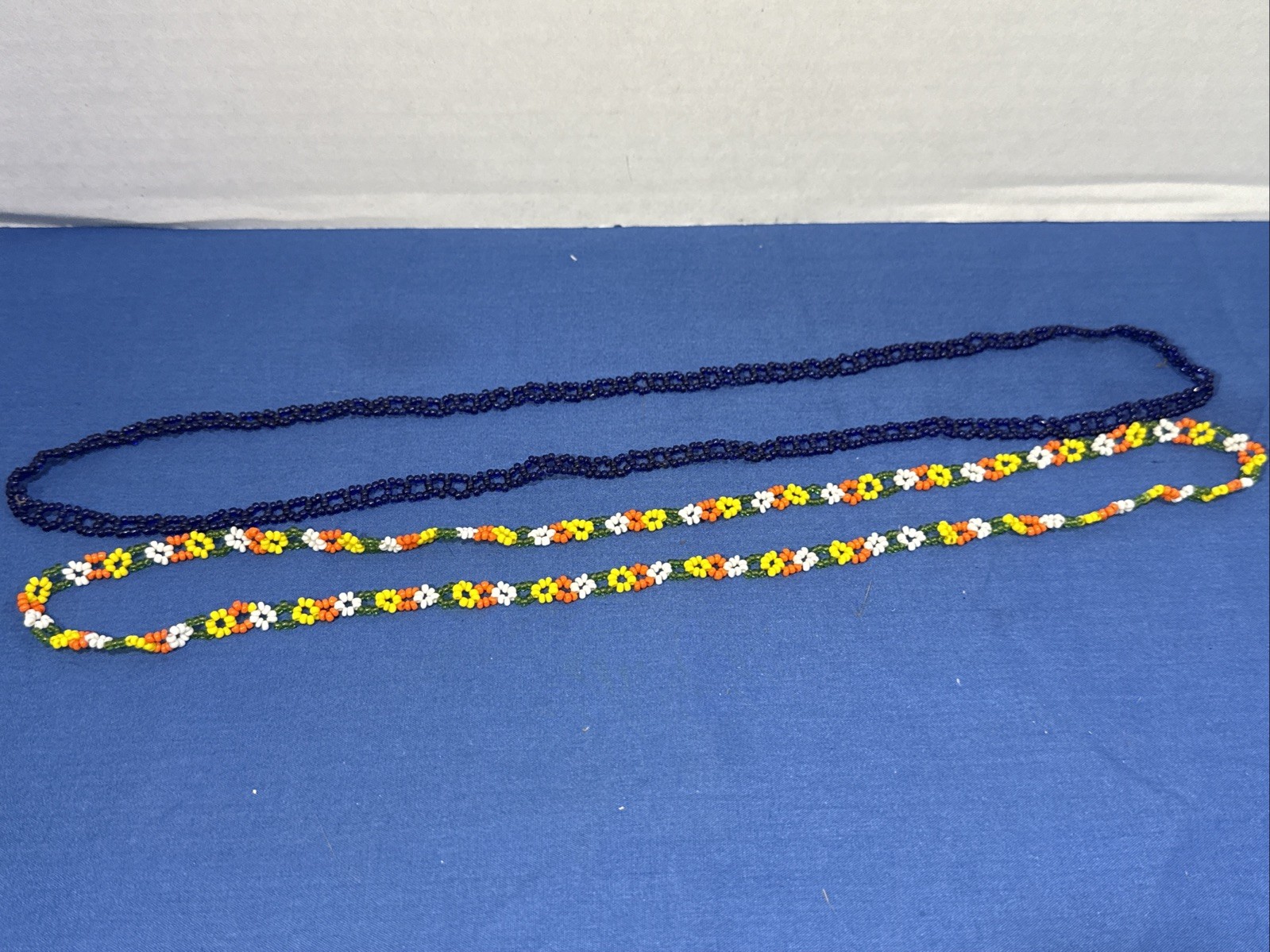 Set Of 2 Vintage Beaded Necklaces Floral, Blue, BOHO Hippie
