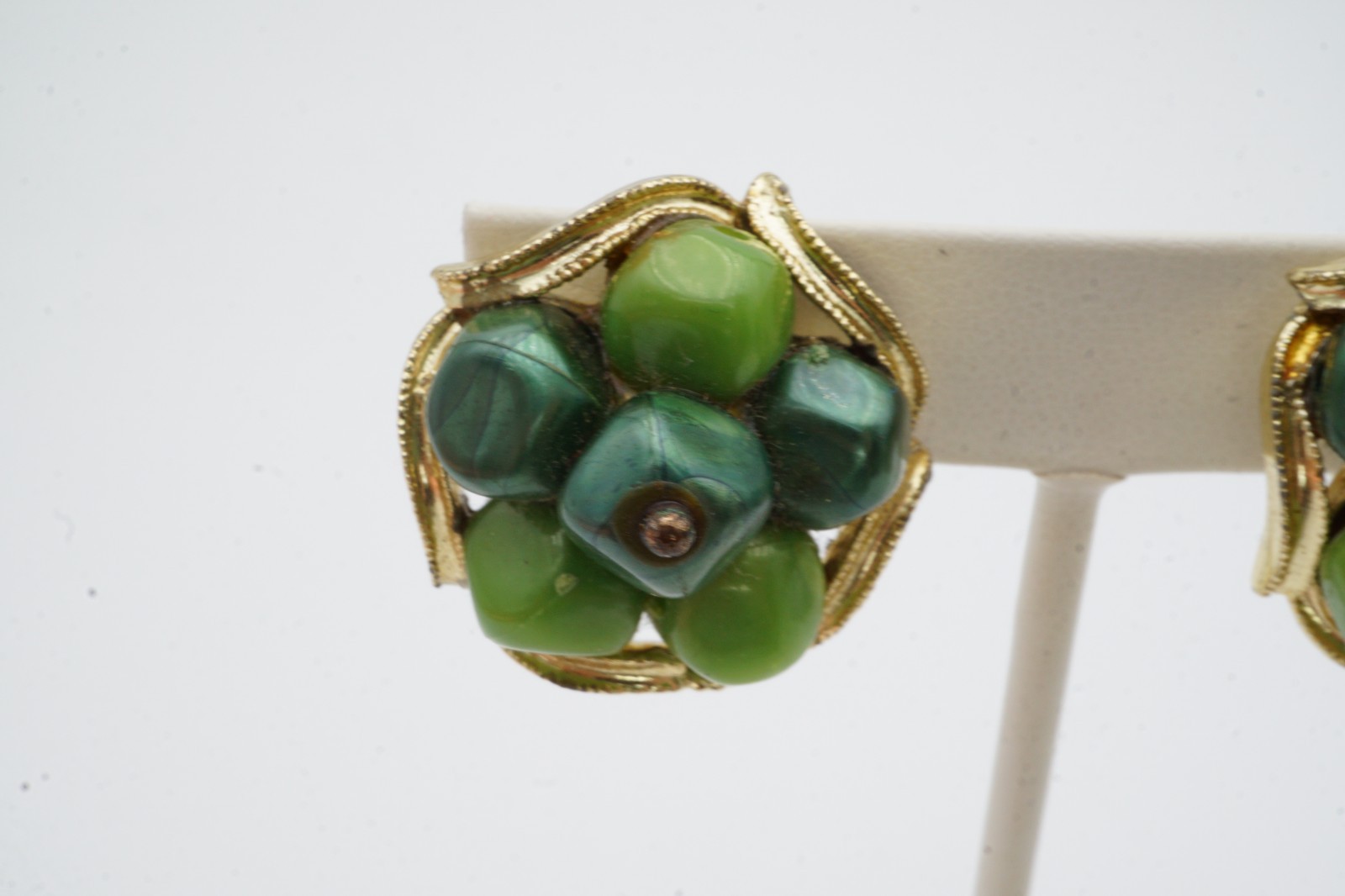 Vintage Clip On Earrings Gold Tone Green Stone