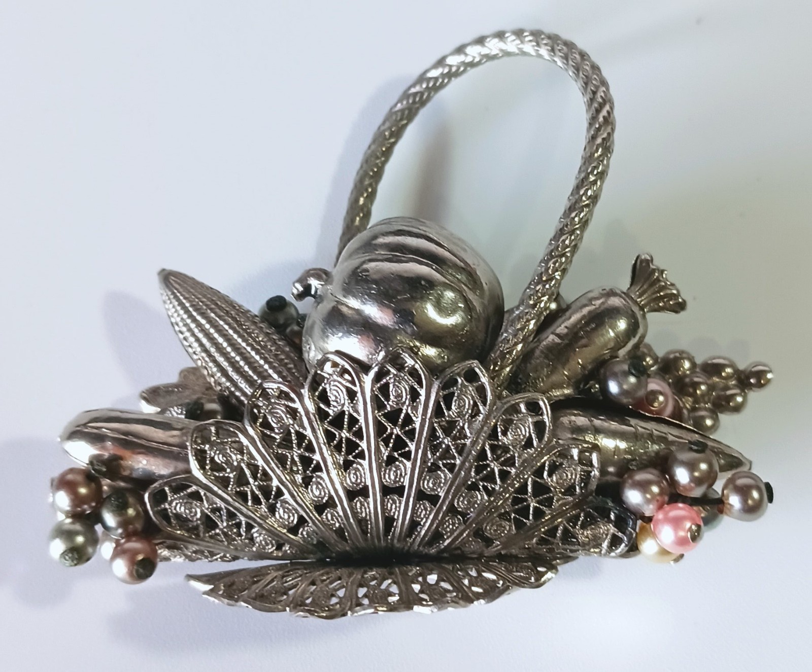 Unusual Ornate Silver-tone Vintage Harvest Veggie & Fruit Basket Brooch