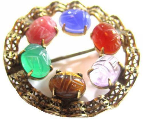 Egyptian Revival Gemstone Scarab Beetle Signed WRE 1/20 12K Gold Filled Pin