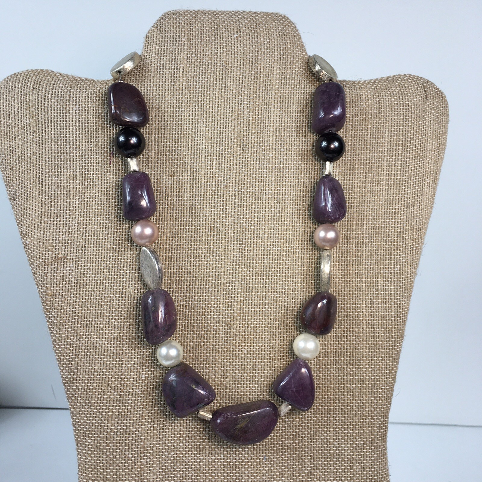 Artisan Hand Made Purple Corundum Faux Pearl Necklace Sterling Clasp