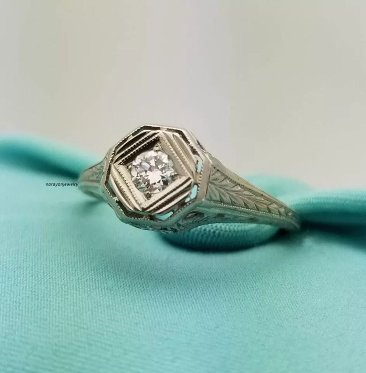 Navette Vintage 1Ct Round Cut Diamond Women Estate Ring 14K White Gold Plated
