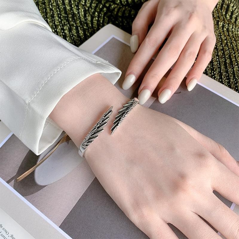 Retro Feather 925 Sterling Silver Open Bracelet, Thai Style Trendy Wings Design