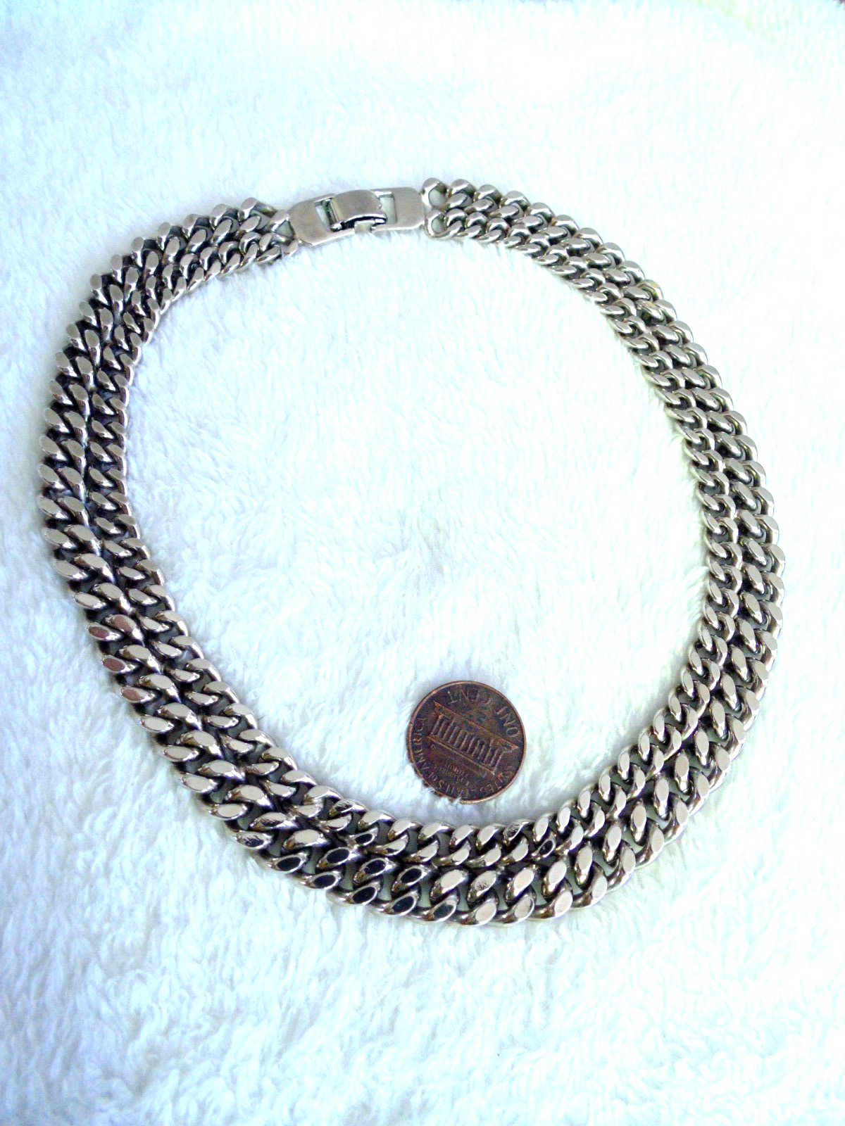 Vtg Thick Double Layer Silver tone Curb Link Chain Choker Collar Necklace Emo
